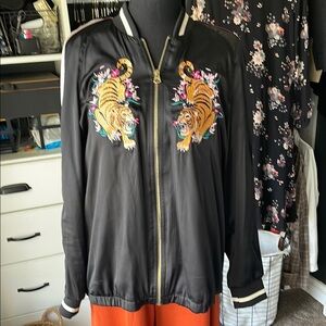 Black Bomber Jacket with Colorful Embroidery and Contrasting Trim